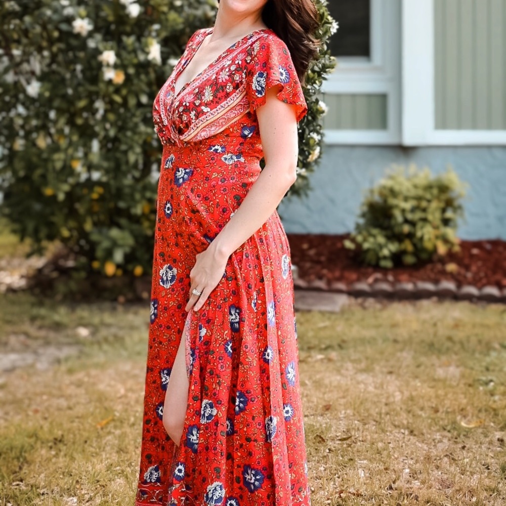 Red Boho Maxi Wrap Dress